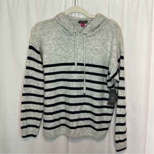 Vince Camuto Gray & Navy Striped Knitted Pullover Hooded Sweater Size Small NWT